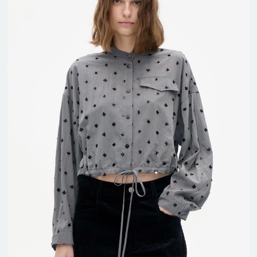 Baum und Pferdgarten Bryce Sequin Floral crop Oversized Shirt Tie Front Blouse